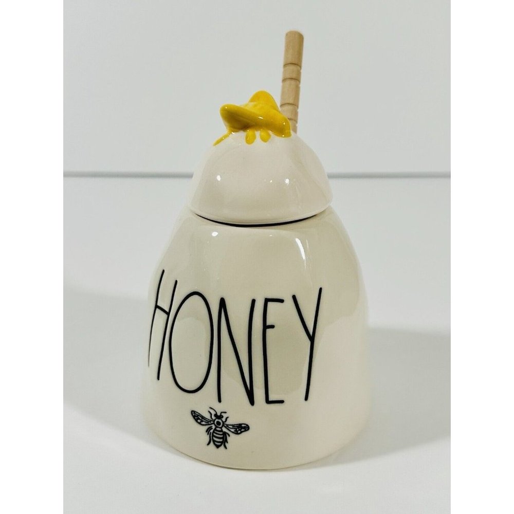 Rae Dunn by Magenta HONEY Pot Lidded Jar Bee Wooden Stick Beehive Artisan New